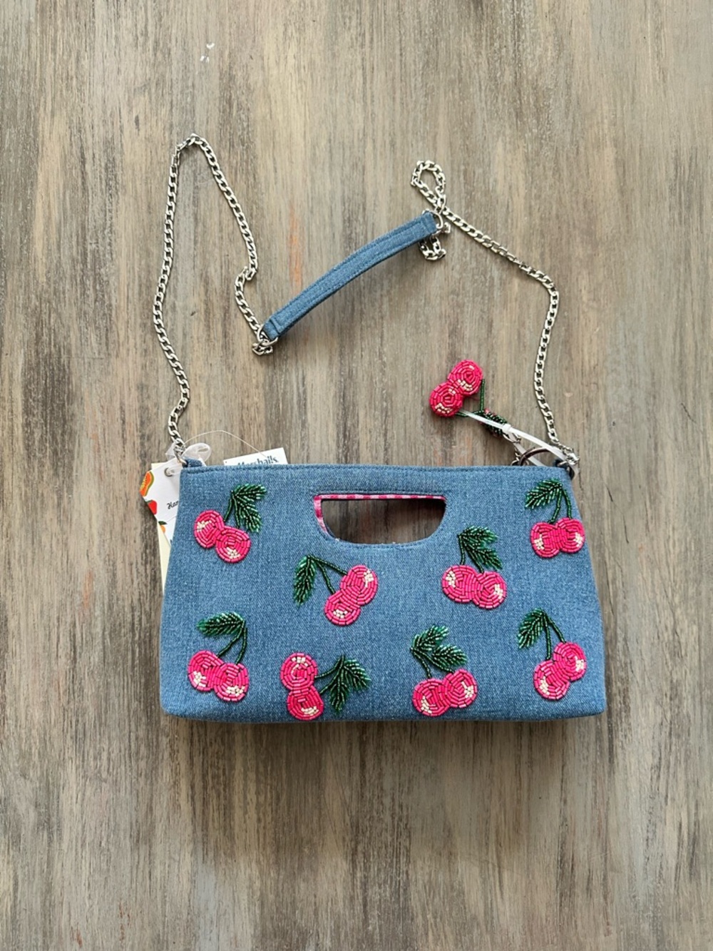Made in India Denim Cherry Beaded Crossbody Bag